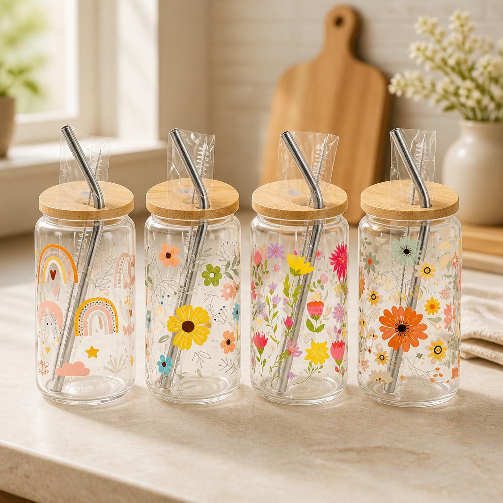 Decorative Glass Tumbler 16oz with Bamboo Lids, Metal Straw & brush