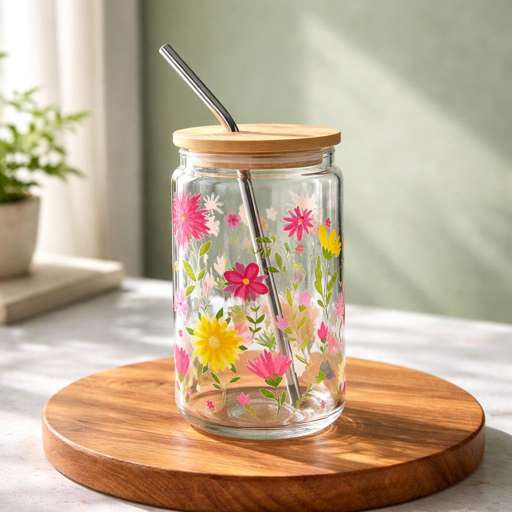 Decorative Glass Tumbler 16oz with Bamboo Lids, Metal Straw & brush