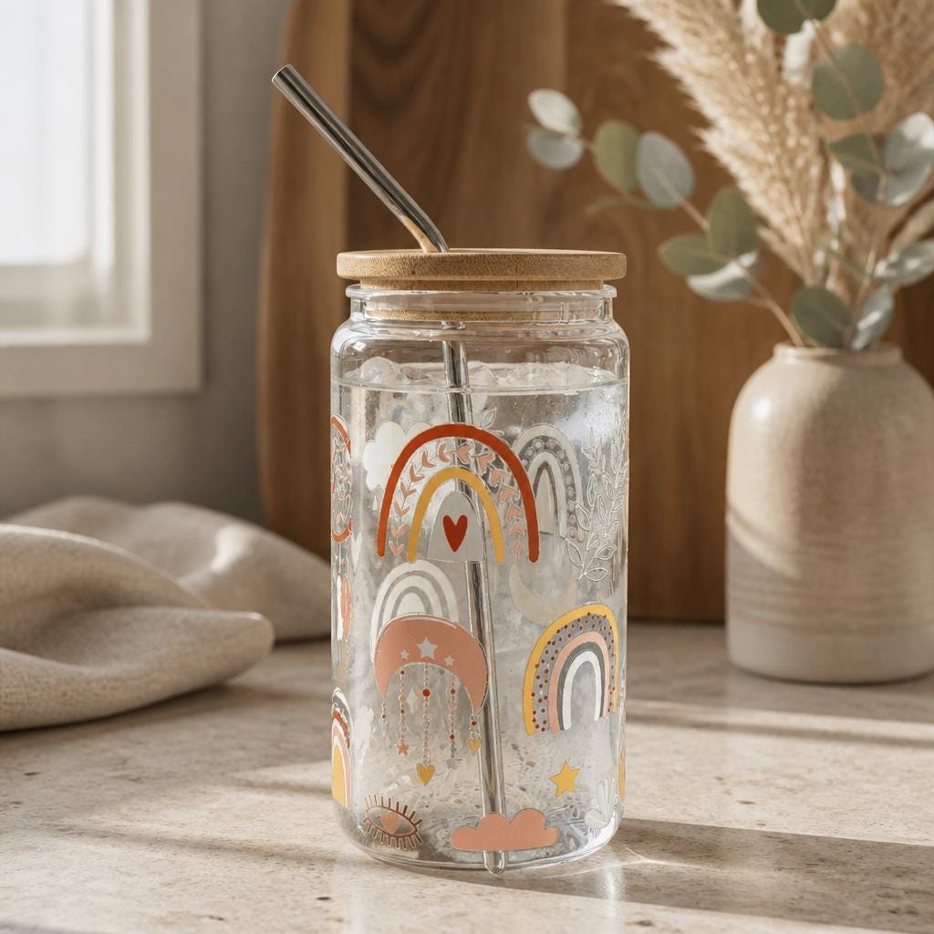 Decorative Glass Tumbler 16oz with Bamboo Lids, Metal Straw & brush