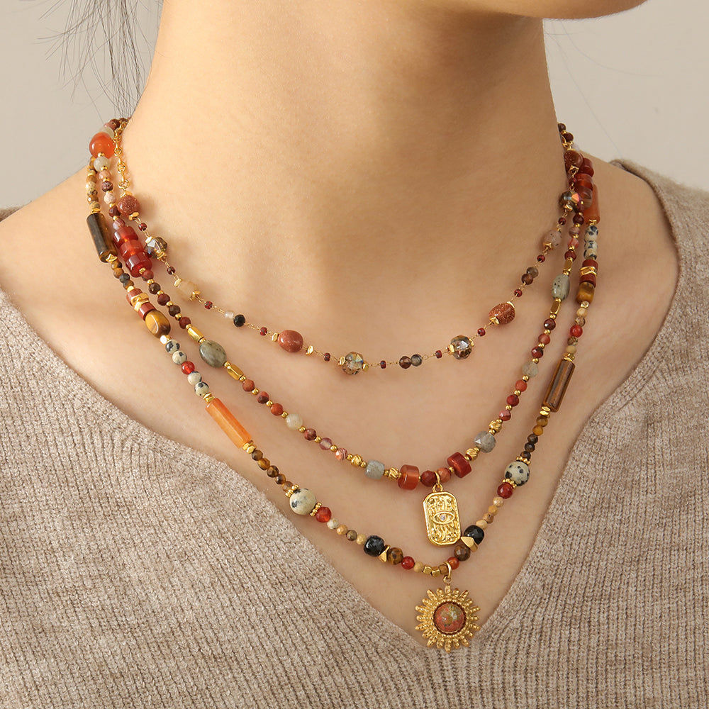 Fashion Tiger Eye Sun Stone Beaded Necklace