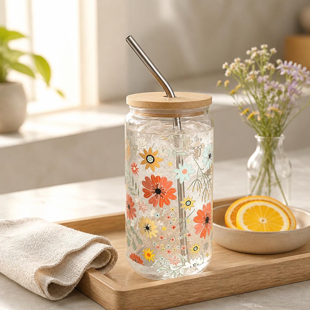 Decorative Glass Tumbler 16oz with Bamboo Lids, Metal Straw & brush