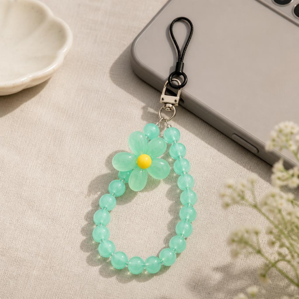 Phone Lanyard Wrist Strap With Resin Flower Charm
