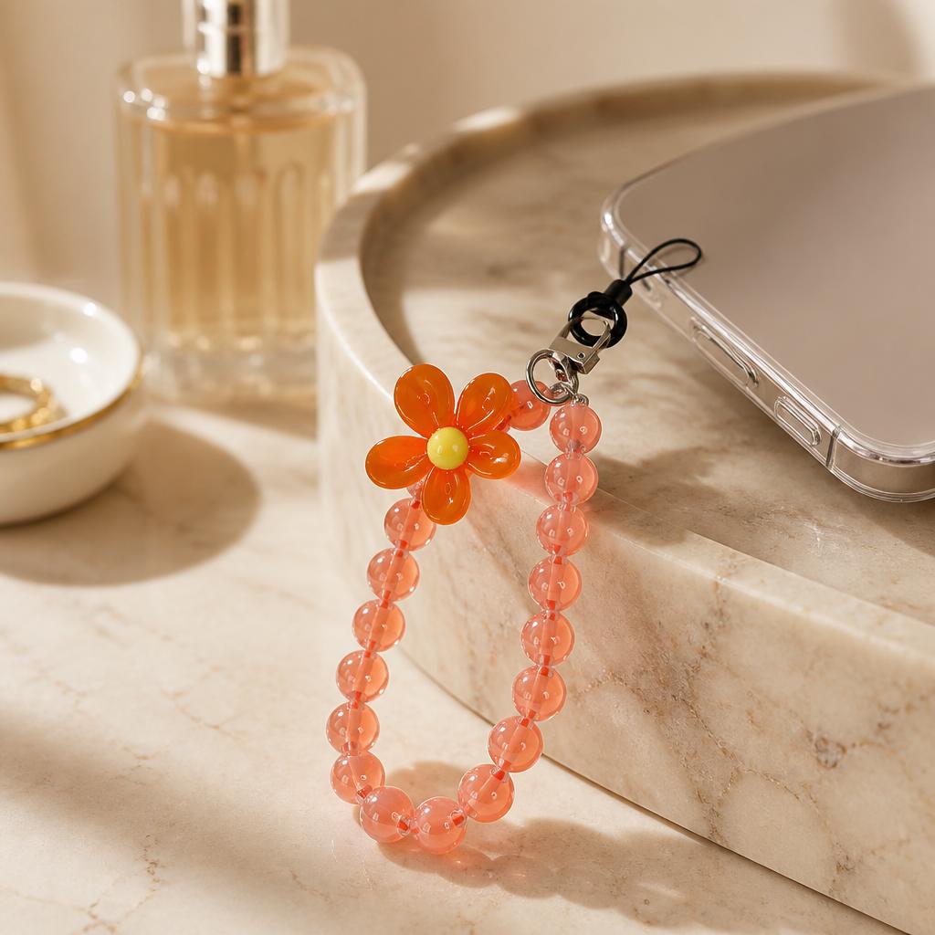 Phone Lanyard Wrist Strap With Resin Flower Charm