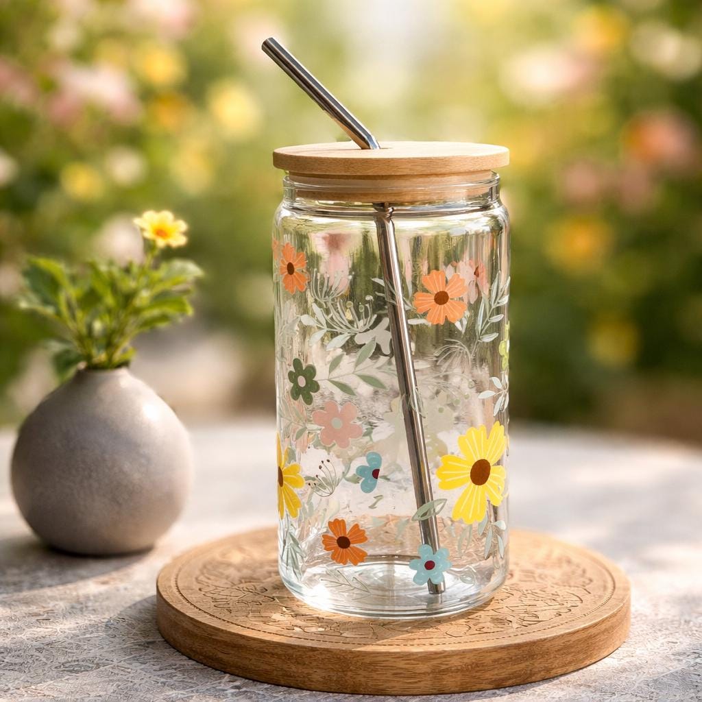 Decorative Glass Tumbler 16oz with Bamboo Lids, Metal Straw & brush