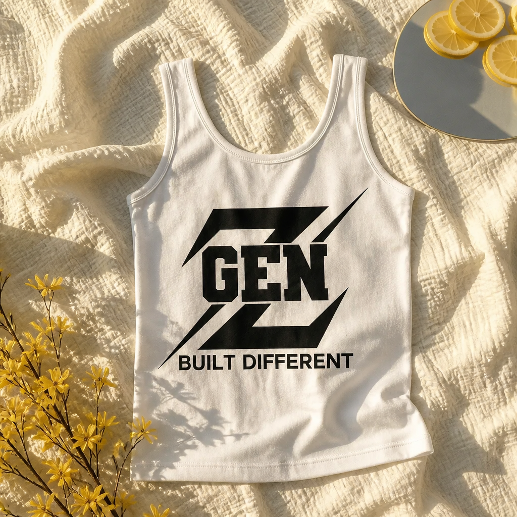 White Cotton Blend Tank Top: "GEN BUILT DIFFERENT" Graphic Print
