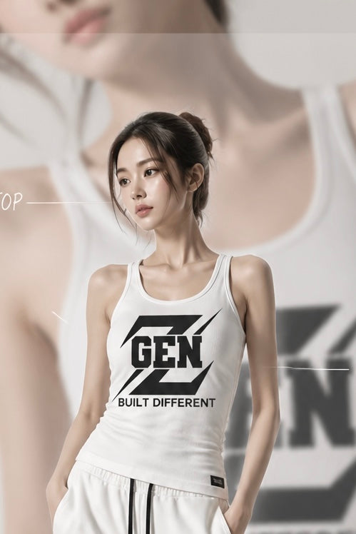 White Cotton Blend Tank Top: "GEN BUILT DIFFERENT" Graphic Print