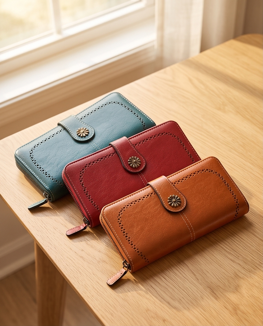 Slim Vegan Leather Zipper Clutch Wallet