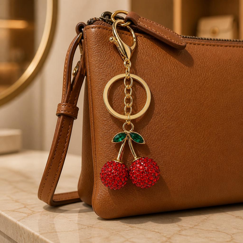 Rhinestone Cherry Keychain Bag Charm
