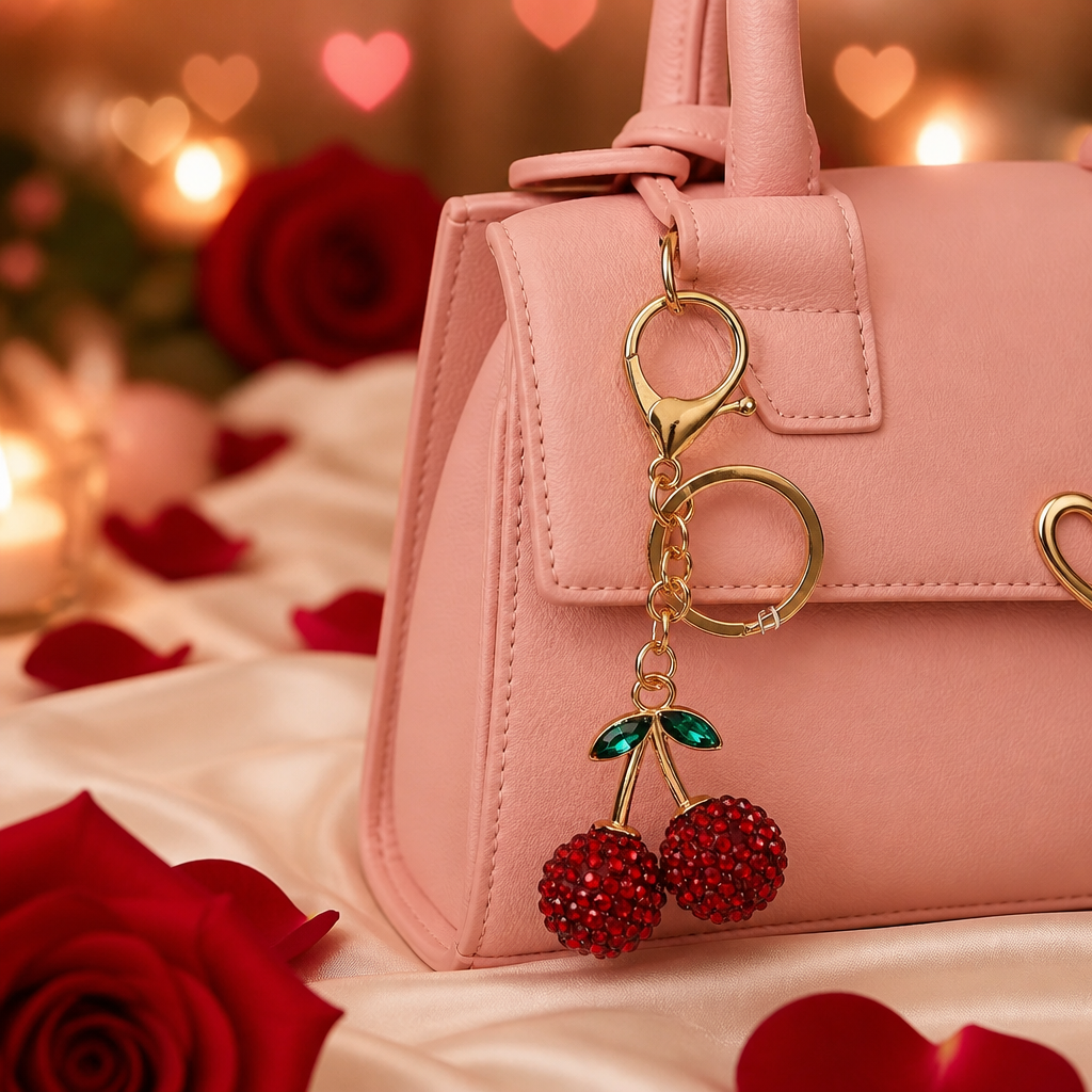 Rhinestone Cherry Keychain Bag Charm
