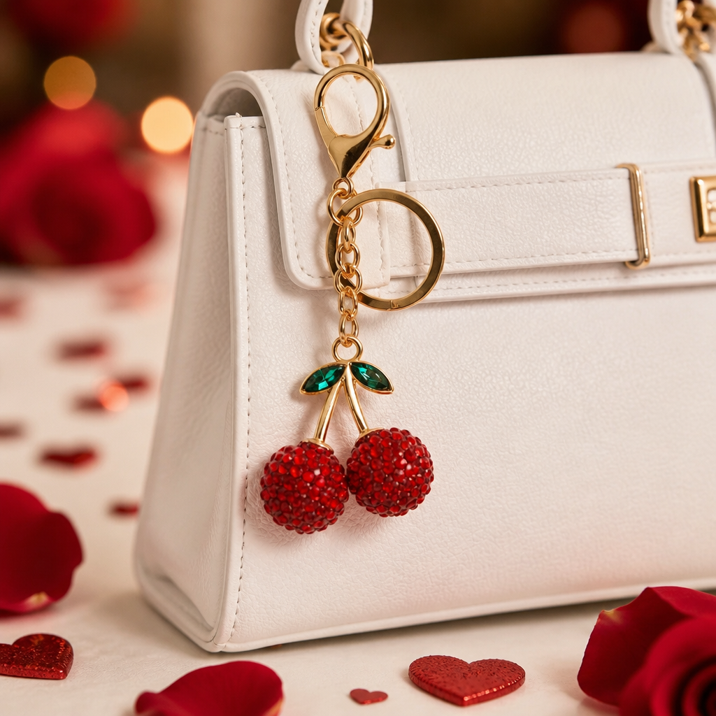 Rhinestone Cherry Keychain Bag Charm