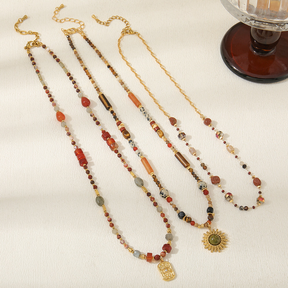 Fashion Tiger Eye Sun Stone Beaded Necklace