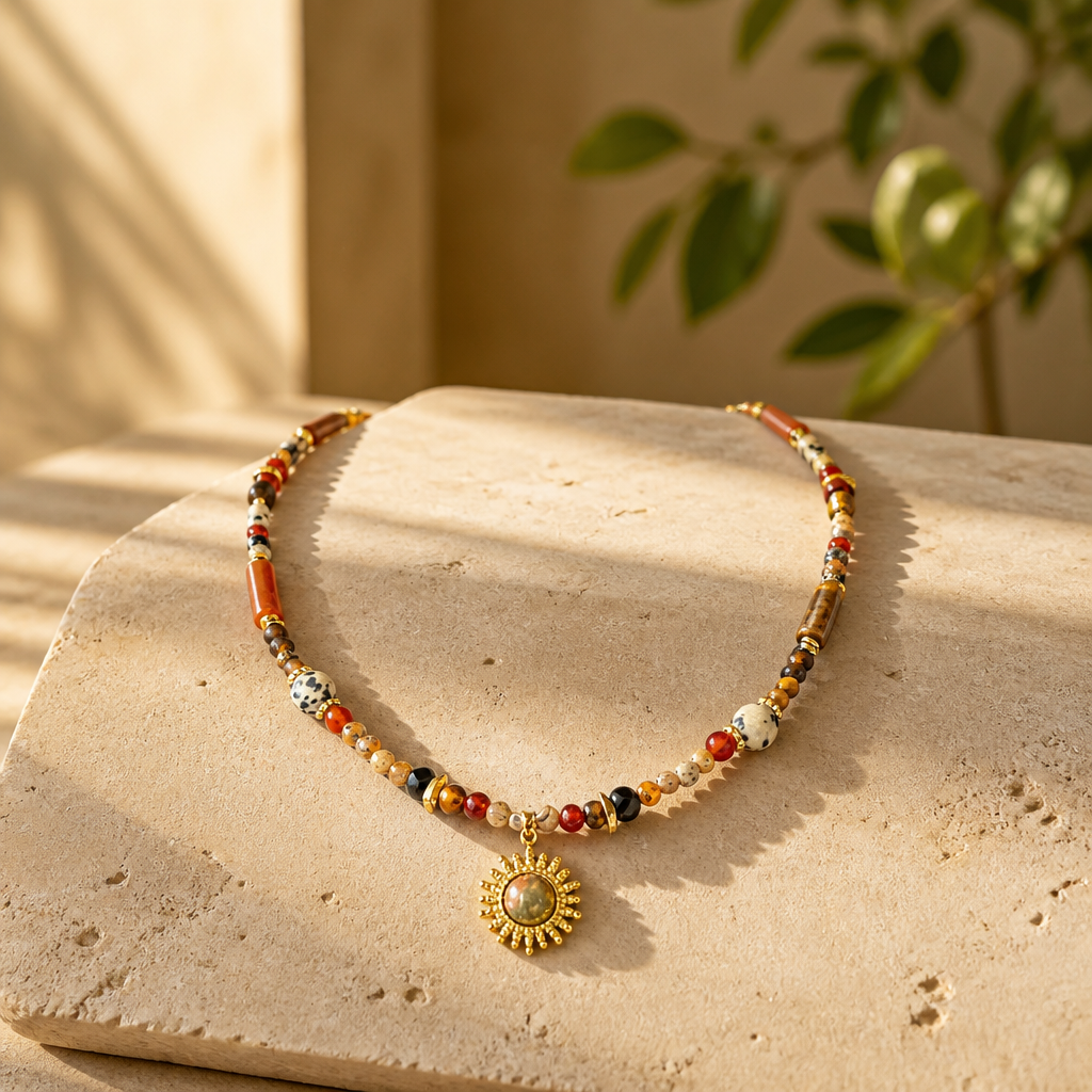 Fashion Tiger Eye Sun Stone Beaded Necklace