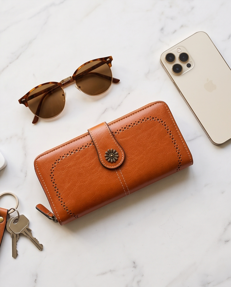 Slim Vegan Leather Zipper Clutch Wallet