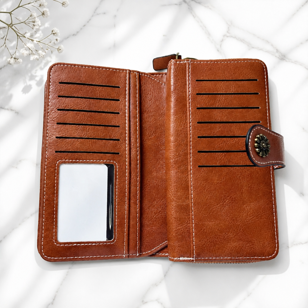 Slim Vegan Leather Zipper Clutch Wallet