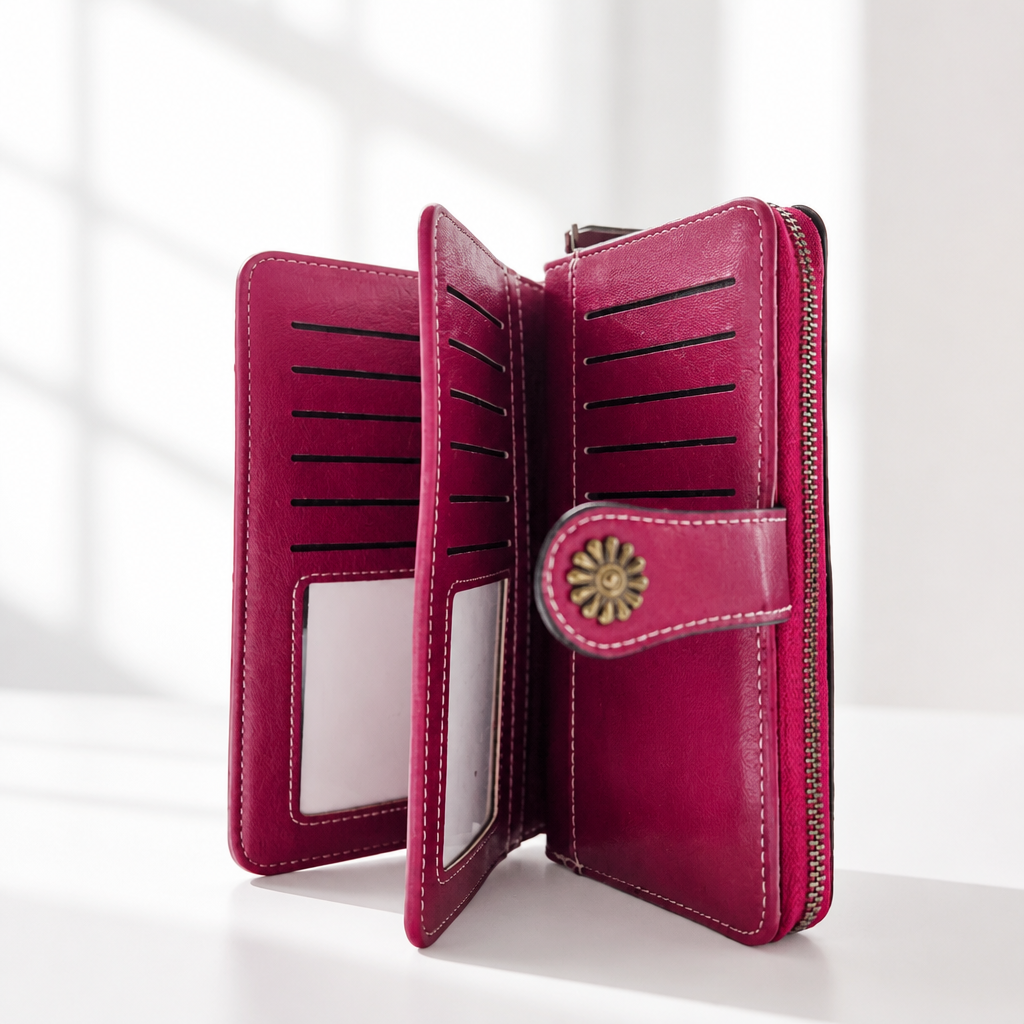 Slim Vegan Leather Zipper Clutch Wallet
